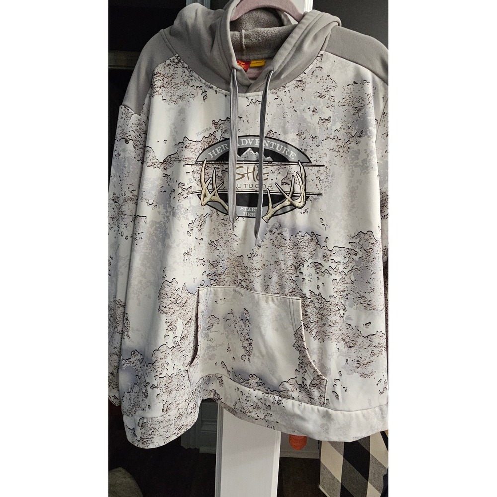 SHE Outdoor Tundra Camo Pullover Hoodie Womens Gray White Antler Graphic XXL